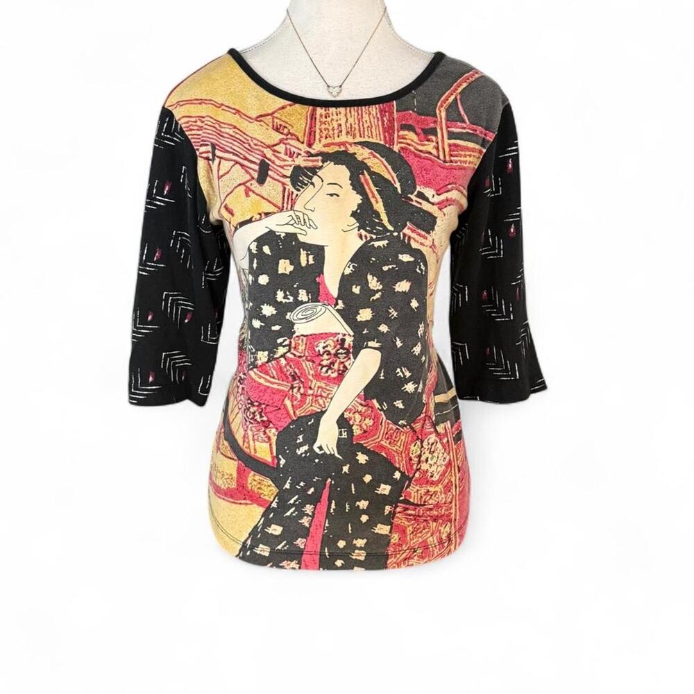 Y2K Geisha Vintage Japanese fashion iconic  graphic print cotton top size 2